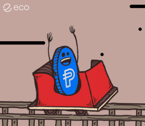 a cartoon drawing of a roller coaster with a blue coin on it with the letter p on it