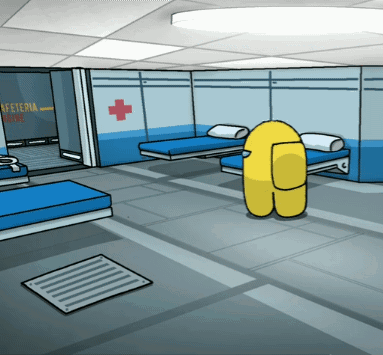 A Cartoon Drawing Of A Room With A Red Cross On The Wall And A Sign That Says Cafeteria GIF