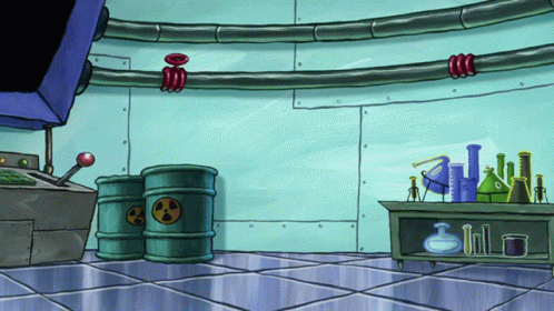 A Cartoon Drawing Of A Room With Barrels And Beakers On The Floor GIF