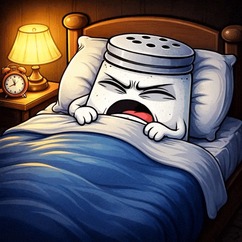 A Cartoon Drawing Of A Salt Shaker Laying In A Bed GIF