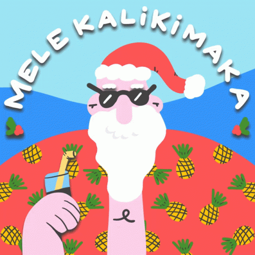 A Cartoon Drawing Of A Santa Claus With Pineapples And The Words Mele Kalikimaka Around Him GIF