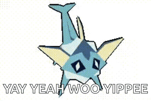 A Cartoon Drawing Of A Shark With The Words Yay Yeah Woo Yippee Written Below It . GIF