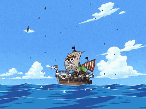 A Cartoon Drawing Of A Ship With A Skull On The Sail GIF