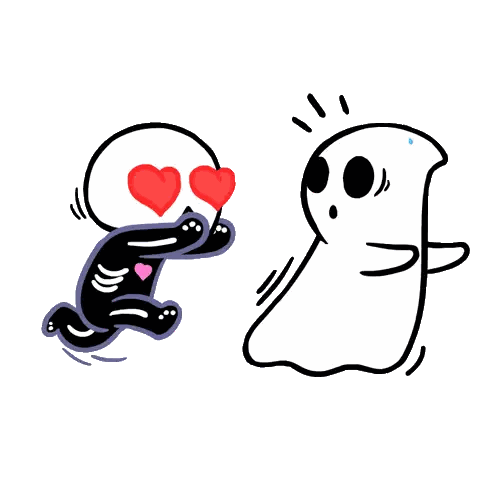 a cartoon drawing of a skeleton and a ghost with hearts on their eyes