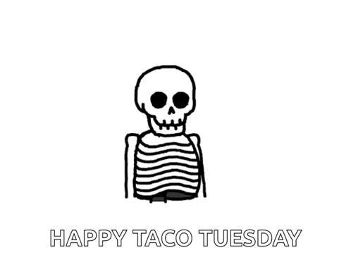 A Cartoon Drawing Of A Skeleton Eating Tacos With The Words Happy Taco Tuesday Below It GIF