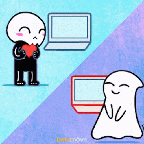 A Cartoon Drawing Of A Skeleton Holding A Heart And A Ghost Holding A Laptop GIF