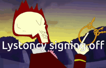 A Cartoon Drawing Of A Skeleton Holding Keys With The Words " Lystoncy Signing Off " Below It GIF
