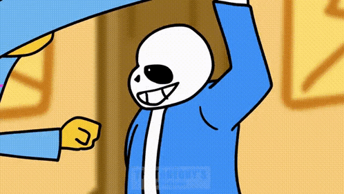 A Cartoon Drawing Of A Skeleton In A Blue Shirt With A Yellow Fist GIF