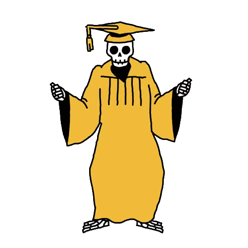 a cartoon drawing of a skeleton wearing a graduation cap and gown