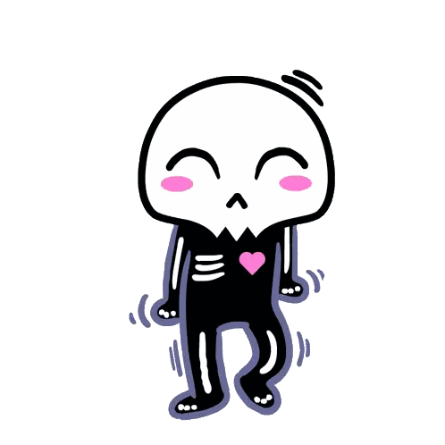a cartoon drawing of a skeleton with a pink heart on his chest