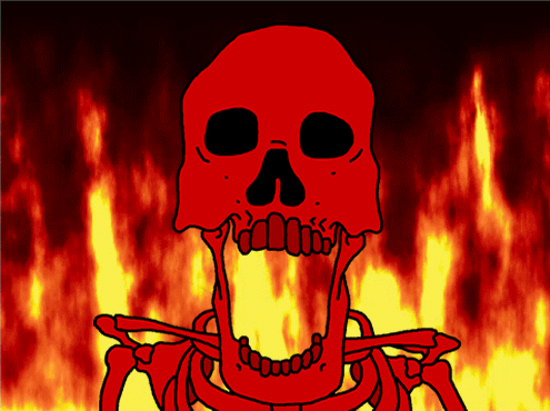 A Cartoon Drawing Of A Skeleton With Flames Behind It GIF