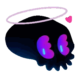 a cartoon drawing of a skull with purple eyes and a halo