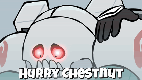 A Cartoon Drawing Of A Skull With Red Eyes And The Words Hurry Chestnut Below It GIF