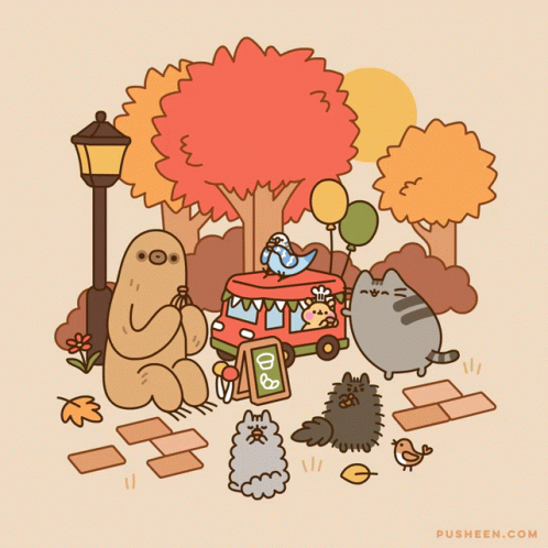 A Cartoon Drawing Of A Sloth A Cat And A Sign That Says ' Donuts ' On It GIF