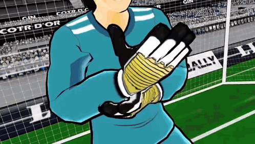 a cartoon drawing of a soccer player wearing gloves with a sign in the background that says " cotr d' or "