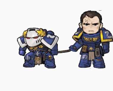 A Cartoon Drawing Of A Space Marine On A Leash With The Number 2 On His Chest GIF