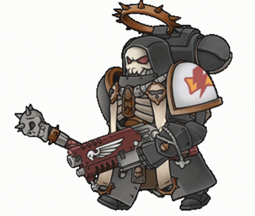 A Cartoon Drawing Of A Space Marine With A Skull On His Chest GIF