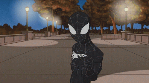 A Cartoon Drawing Of A Spider-Man Standing On A Sidewalk GIF