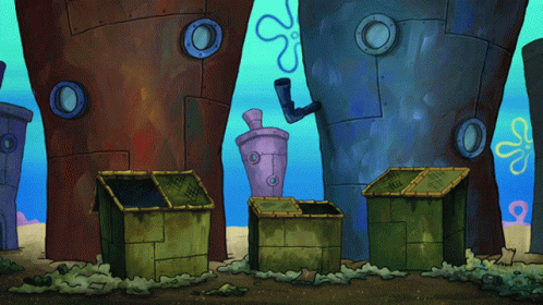a cartoon drawing of a spongebob squarepants scene with trash cans and a blender
