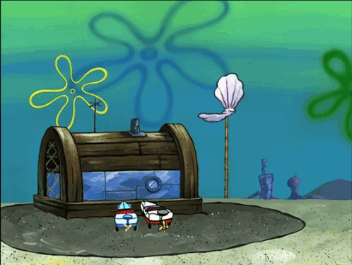 A Cartoon Drawing Of A Spongebob Treasure Chest With A Yellow Flower In The Background GIF