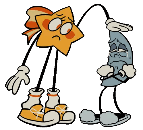 a cartoon drawing of a star and a crescent moon with sad faces
