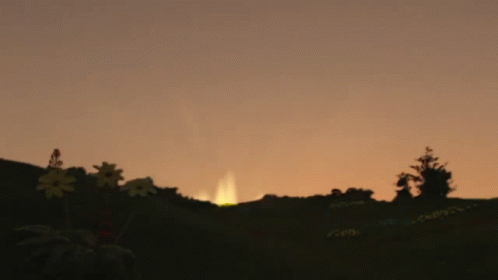 A Cartoon Drawing Of A Sun Rising Over A Field Of Flowers And Trees GIF