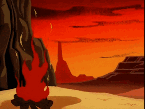 A Cartoon Drawing Of A Sunset With A Fire In The Foreground GIF