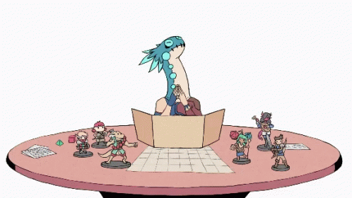 A Cartoon Drawing Of A Table With Miniature Figures And A Dragon GIF