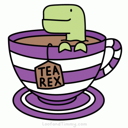 a cartoon drawing of a tea rex in a cup of tea