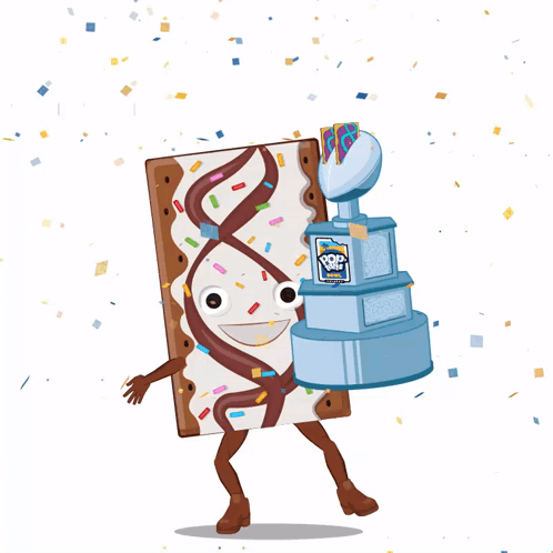 A Cartoon Drawing Of A Toaster Pastry Holding A Cake And A Pop Tart Trophy GIF