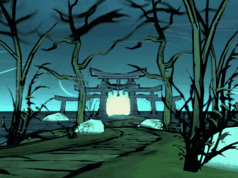 A Cartoon Drawing Of A Torii Gate In The Woods GIF