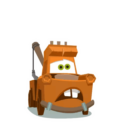 a cartoon drawing of a tow truck with its mouth open and green eyes