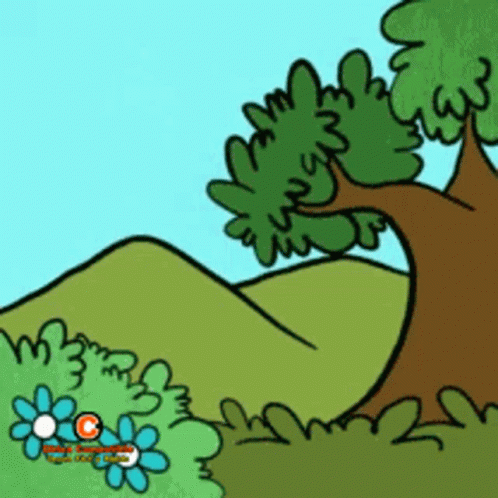 A Cartoon Drawing Of A Tree And A Hill GIF