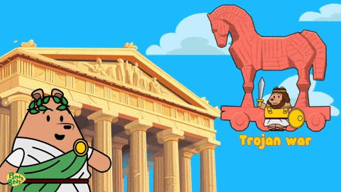 A Cartoon Drawing Of A Trojan War Scene With A Building In The Background GIF