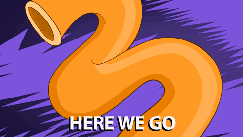 A Cartoon Drawing Of A Trumpet With The Words Here We Go Written Below It GIF