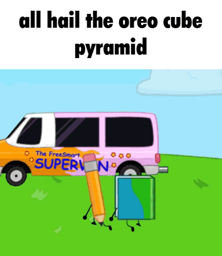 A Cartoon Drawing Of A Van That Says " All Hail The Oreo Cube Pyramid " On It GIF