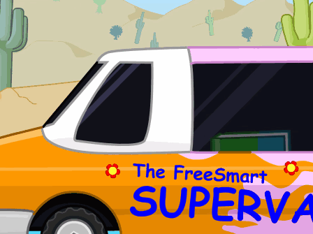 A Cartoon Drawing Of A Van With The Words The Freesmart Superva On The Side GIF