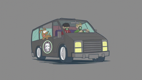 a cartoon drawing of a van with two people and a dog on it