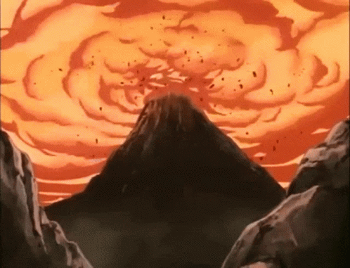 A Cartoon Drawing Of A Volcano Erupting With A Huge Explosion In The Background GIF