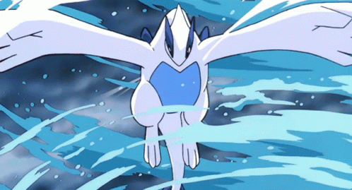 A Cartoon Drawing Of A White And Blue Dragon Flying Through The Air GIF