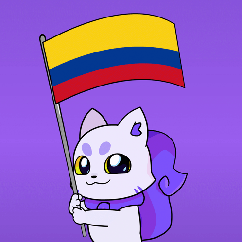 A Cartoon Drawing Of A White Cat Holding A Colombian Flag GIF