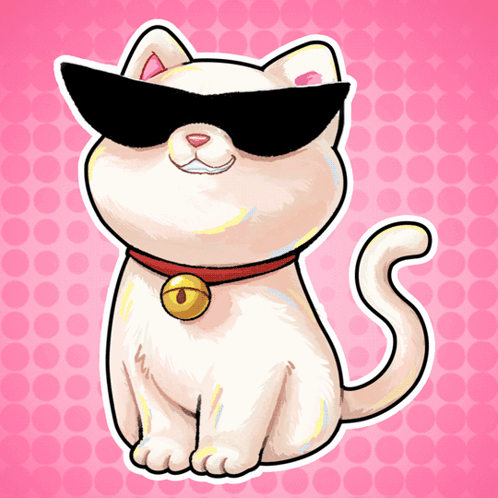 A Cartoon Drawing Of A White Cat Wearing Sunglasses And A Bell Around Its Neck GIF