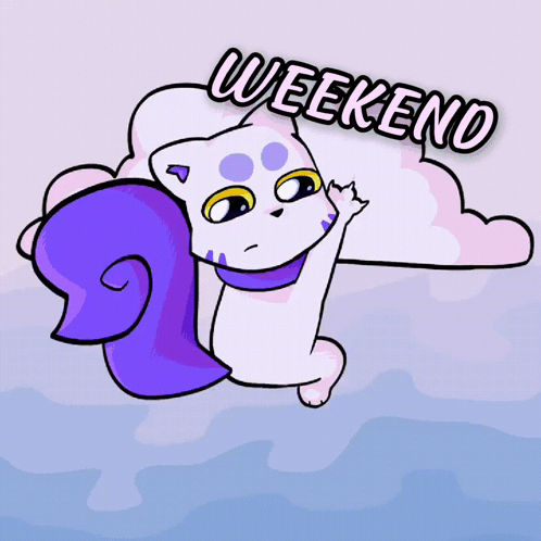 A Cartoon Drawing Of A White Cat With A Purple Tail That Says Weekend GIF