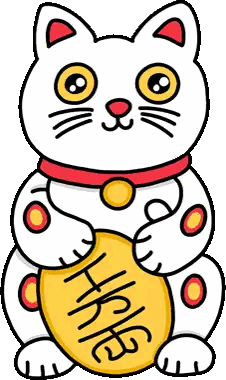 a cartoon drawing of a white cat with a red collar holding a gold coin .