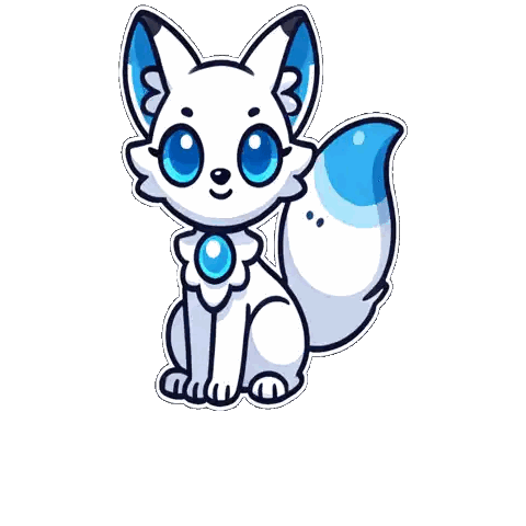 a cartoon drawing of a white fox with blue eyes and a blue tail