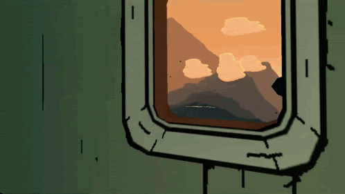 A Cartoon Drawing Of A Window With A View Of Mountains GIF