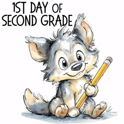 A Cartoon Drawing Of A Wolf Holding A Pencil With The Words " 1St Day Of Second Grade " Below It GIF