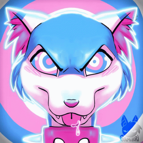 A Cartoon Drawing Of A Wolf With A Pink And Blue Circle In The Background GIF