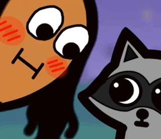 A Cartoon Drawing Of A Woman And A Raccoon With The Letter T On Their Faces GIF