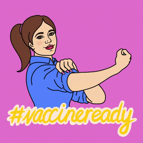 A Cartoon Drawing Of A Woman Flexing Her Arm With The Words #Vaccineready Behind Her GIF